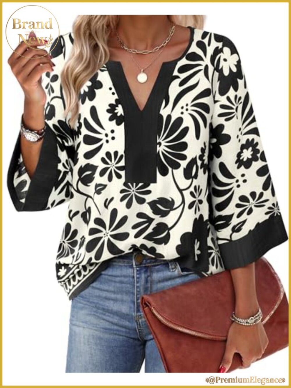 Women's Floral Chiffon Blouse V-Neck 3/4 Sleeve Loose Fit Tunic Top